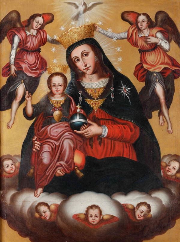 Scuola del Sud America del XIX secolo Madonna con Bambino e angeli