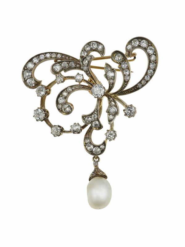 Natural pearl and diamond brooch