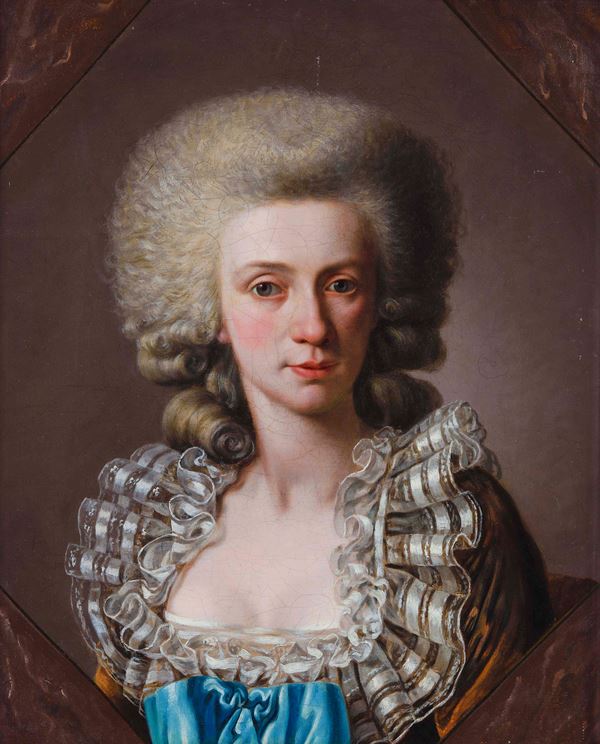 Scuola francese della fine del XVIII secolo ritratto di gentildonna con parrucca bianca e ampio collo di pizzo