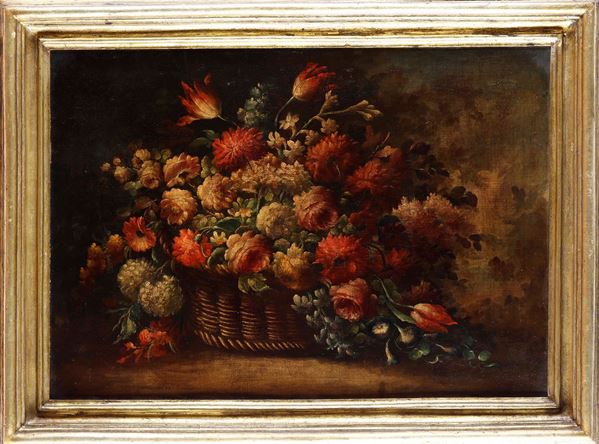 Scuola del XVIII secolo Natura morta con cesto ricolmo di fiori