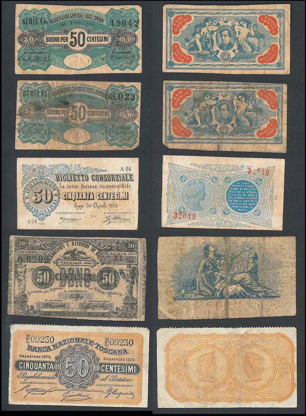 Regno D'italia. Vittorio Emanuele II di Savoia, 1861-1878. Lotto di Quattordici Biglietti Fiducia...