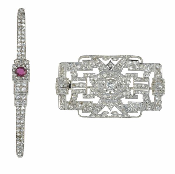 Two diamond and ruby brooches
