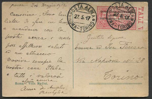 1917, Volo Postale Roma-Torino, cartolina non filatelica, da Roma per Torino del 25/07/1917