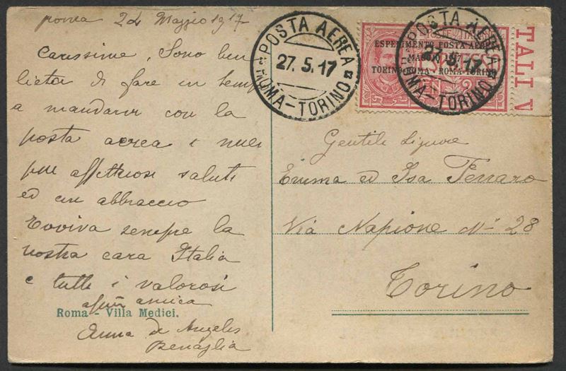 1917, Volo Postale Roma-Torino, cartolina non filatelica, da Roma per Torino del 25/07/1917  - Asta Storia Postale e Filatelia - Cambi Casa d'Aste