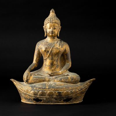 Buddha Sakyamuni, figura in bronzo dorato, Thailandia, XIX secolo