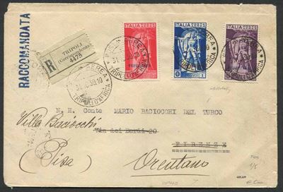 1930, Tripolitania, Raccomandata Via Aerea da Tripoli per Orentano (fi)