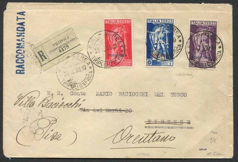 1930, Tripolitania, raccomandata via aerea da Tripoli per Orentano (Fi)  - Asta Storia Postale e Filatelia - Cambi Casa d'Aste