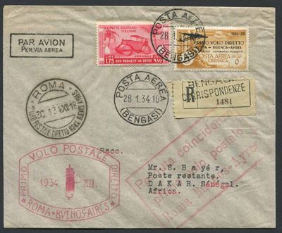 1934, Cirenaica, “primo Volo Postale Diretto – Roma-buenos Ayres”, + Bollo in Cartella Grande “pe...