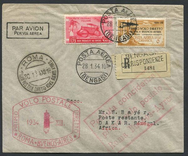 1934, Cirenaica, “Primo Volo Postale diretto – Roma-Buenos Ayres”, + bollo in cartella grande “Perduta Coincidenza – primo volo postale Roma-Buenos Ayres”