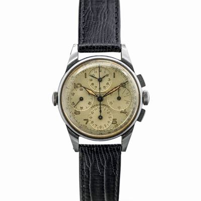 Raro Orologio da Pilota in Acciaio, Cronografo a Tre Contatori con Memento Dial, Tasti Quadri Fon...