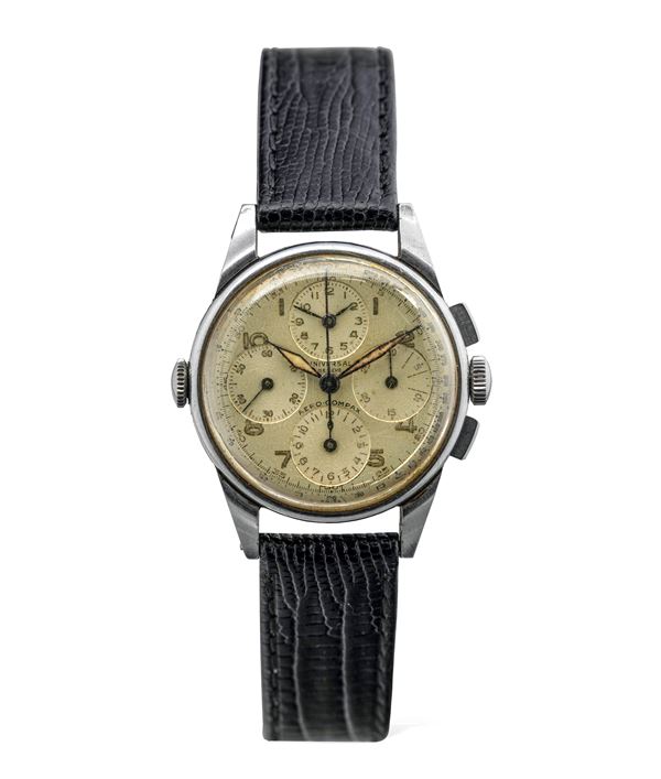 Universal Gen&#232;ve - Rare steel pilot watch, three-counter chronograph with memento dial, screw-bottom square keys, luminescent hands