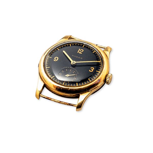 Rolex - Raro orologio da polso in oro giallo, cassa a cerniera, quadrante nero lucido, numeri Arabi in rilievo piccoli secondi al sei