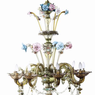Lampadario in Vetro di Murano con Applicazioni di Fiori Policromi. XX Secolo