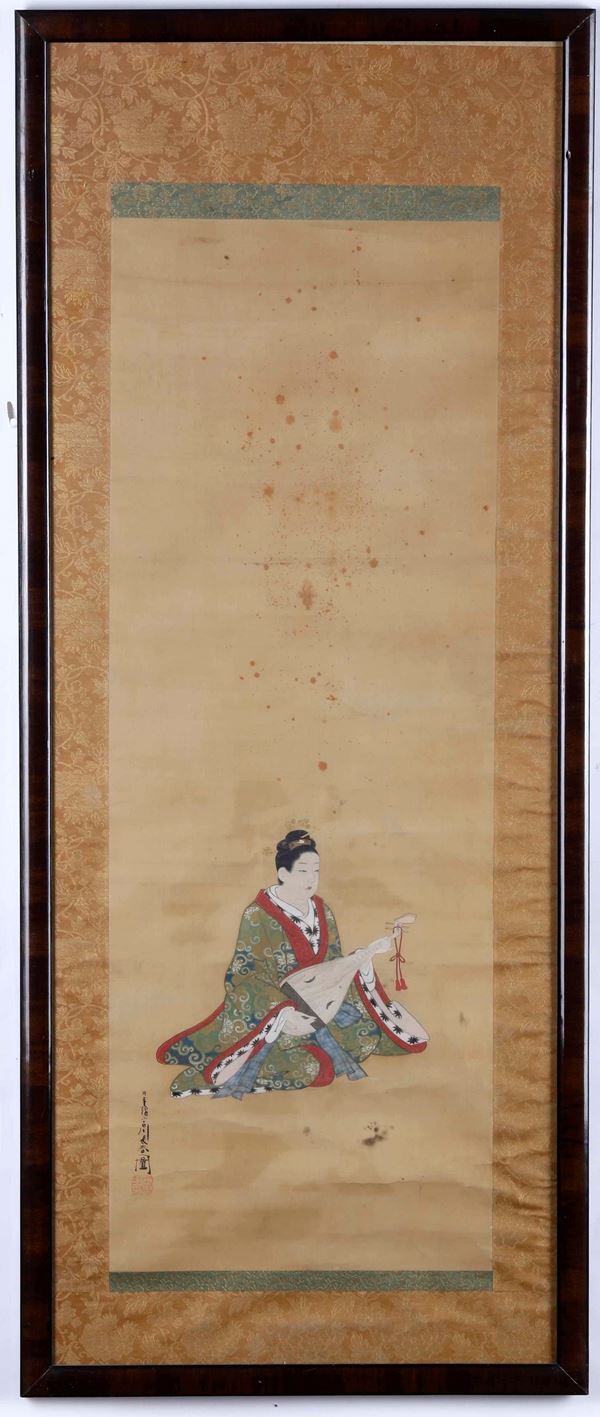 Dipinto su carta raffigurante suonatore, Giappone, periodo Edo (1603-1868)