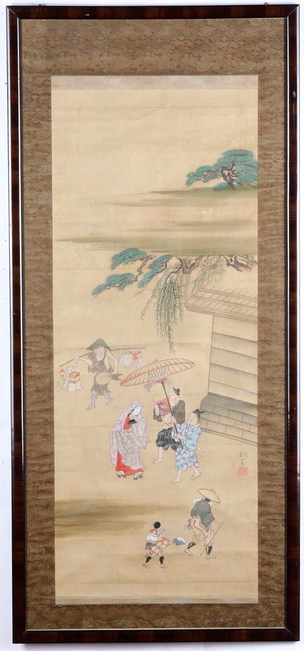 Dipinto su carta raffigurante villaggio con personaggi, Giappone, periodo Meiji (1868-1912)