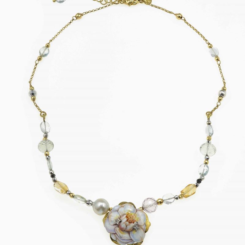 Hard stone, cultured pearl and enamel necklace. Signed Rivalta  - Auction Jewels - Cambi Casa d'Aste