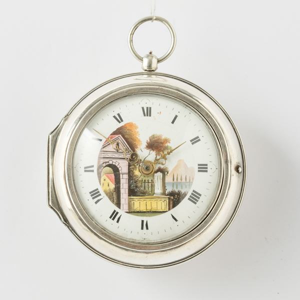 “Dawson London” : orologio da tasca inglese in doppia cassa in argento, 1790 circa. Cassa di grandi dimensioni: 58 mm di diametro.   Movimento con scappamento a verga e conoide , quadrante in smalto decorato.