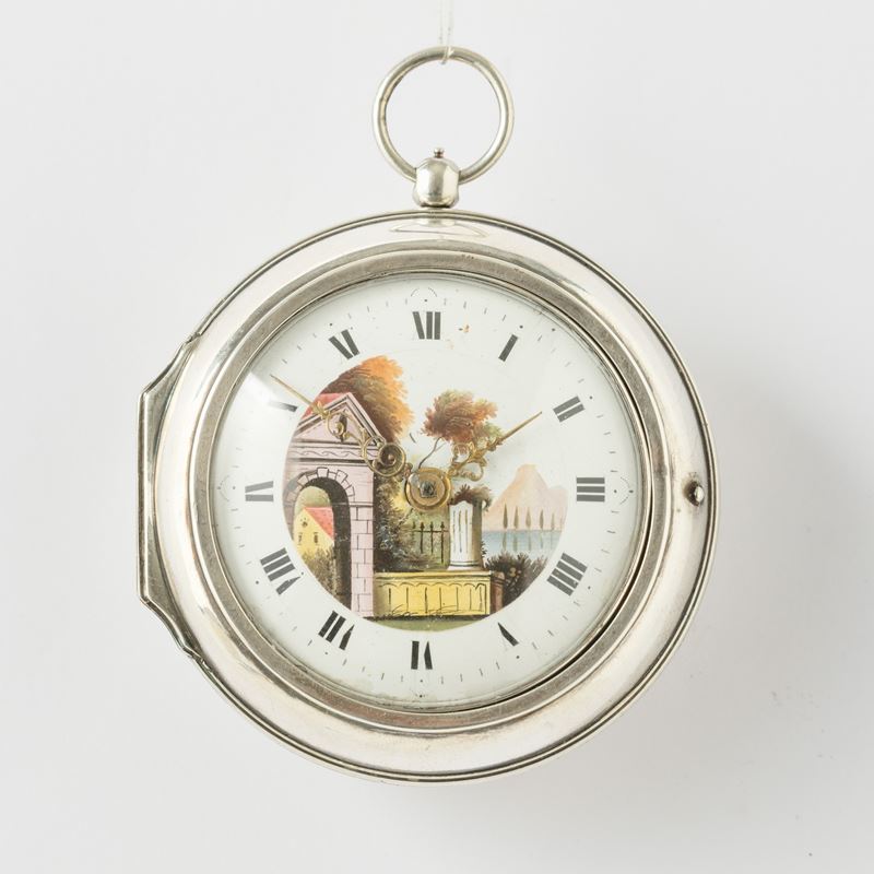 “Dawson London” : orologio da tasca inglese in doppia cassa in argento, 1790 circa. Cassa di grandi dimensioni: 58 mm di diametro.   Movimento con scappamento a verga e conoide , quadrante in smalto decorato.  - Asta Pocket Watches - Cambi Casa d'Aste