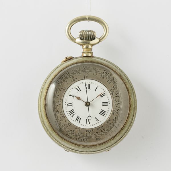 Orologio da tasca con barometro, 1890 circa,  Cassa  in metallo, quadrante in smalto bianco, indicazione barometrica anulare intorno al quadrante