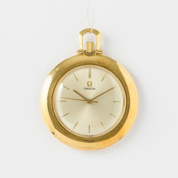 Omega orologio da taschino, dress watch, 1960 circa, quadrante in metallo smaltato con numeri applicati, secondi centrali, cassa in oro 18 kt, gr 45 , 43 mm