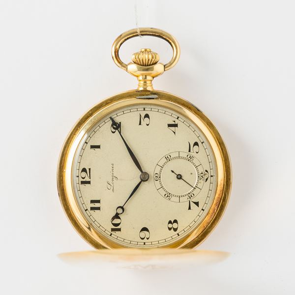 Longines Grand Prix, 1890 circa, cassa savonette in oro 18 kt, movimento con scappamento ad ancora, quadrante in metallo smaltato, gr 79, diametro 45 mm