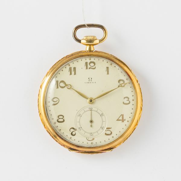 Omega orologio da taschino, dress watch, 1930 circa, quadrante in metallo smaltato con numeri applicati, cassa in oro 18 kt, 48 mm, gr 56