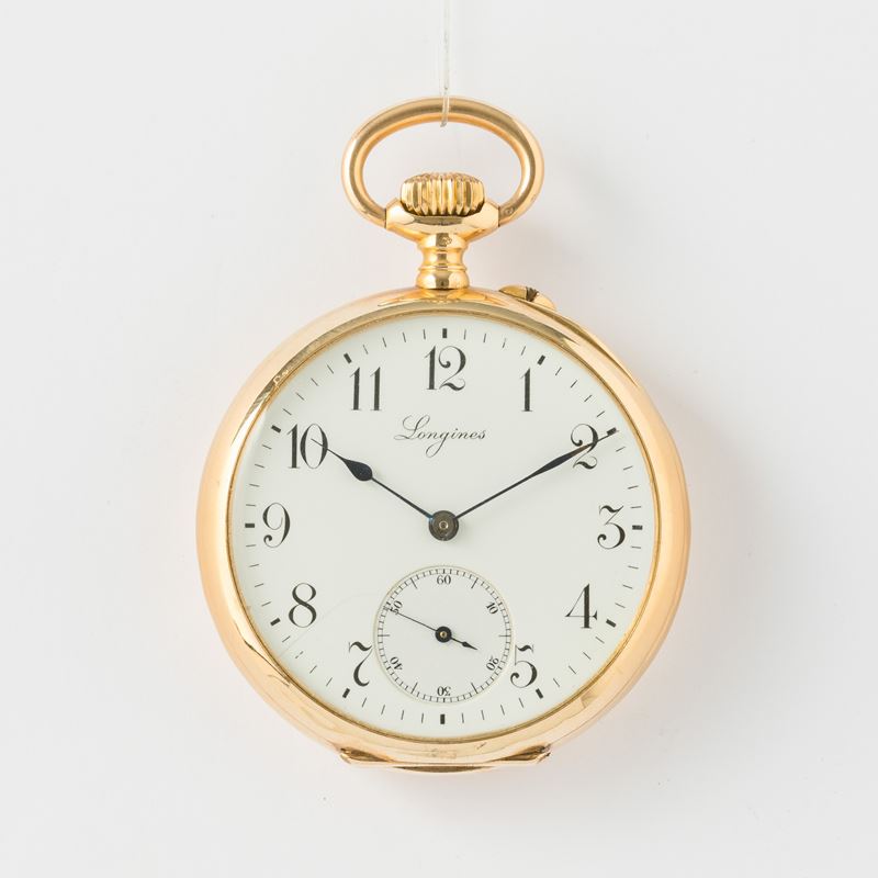 Longines Grand Prix, cassa in oro 18k, scappamento ad ancora, quadrante in smalto bianco,46 mm, gr 68  - Auction Pocket Watches - Cambi Casa d'Aste