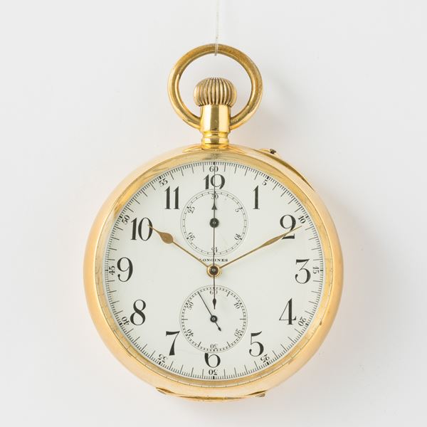Longines:Cronografo monopulsante, 1920 circa,  a due contatori, secondi centrali, cassa in oro 18k,  [..]