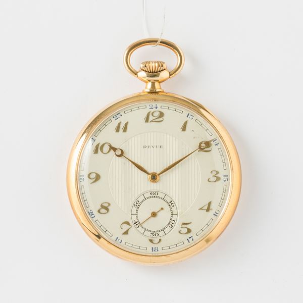 Revue orologio da tasca in oro 14k, 1920 circa, scappamento ad ancora, quadrante in smalto con numeri applicati, 47 mm, gr 59