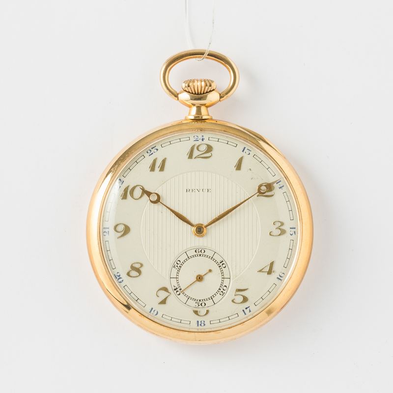 Revue orologio da tasca in oro 14k, 1920 circa, scappamento ad ancora, quadrante in smalto con numeri applicati, 47 mm, gr 59  - Auction Pocket Watches - Cambi Casa d'Aste