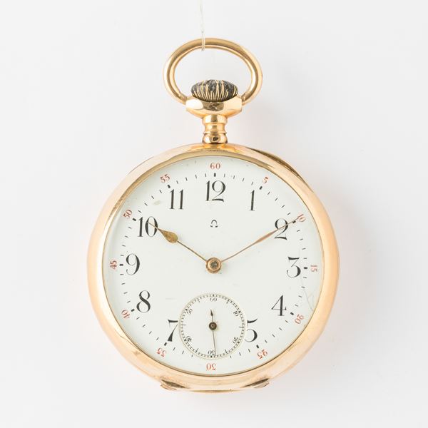 Omega orologio da tasca, 1890 circa, cassa in oro 18 kt, quadrante in metallo smaltato, movimento con scappamento ad ancora, gr 80, 49 mm