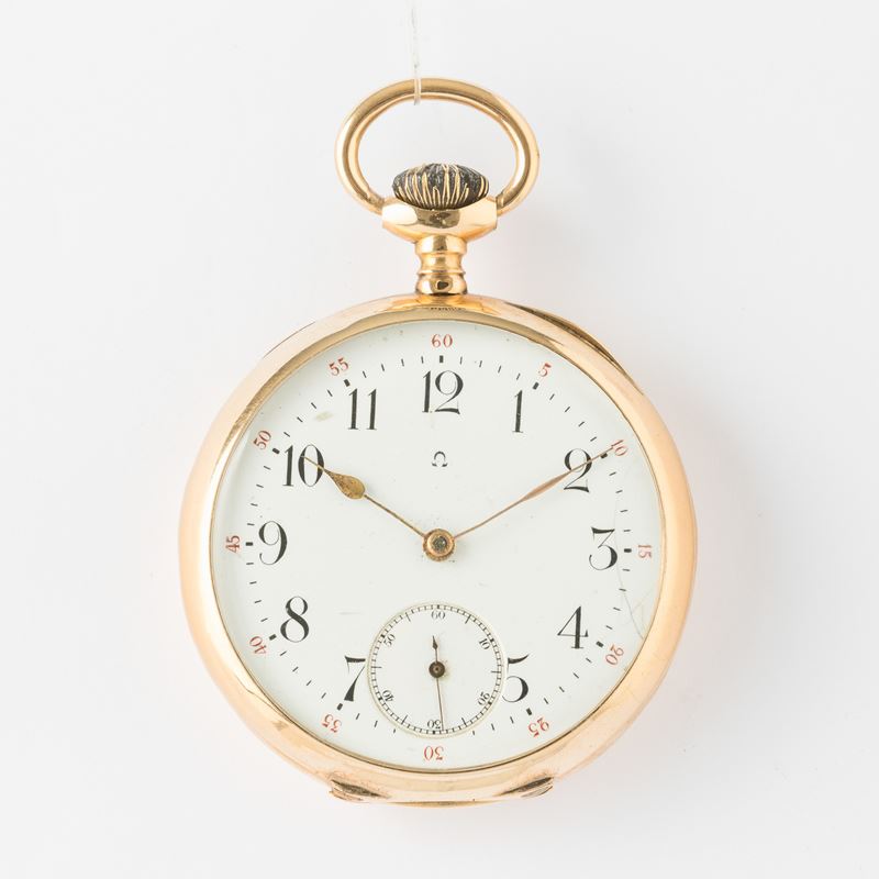 Omega orologio da tasca, 1890 circa, cassa in oro 18 kt, quadrante in metallo smaltato, movimento con scappamento ad ancora, gr 80, 49 mm  - Asta Pocket Watches - Cambi Casa d'Aste