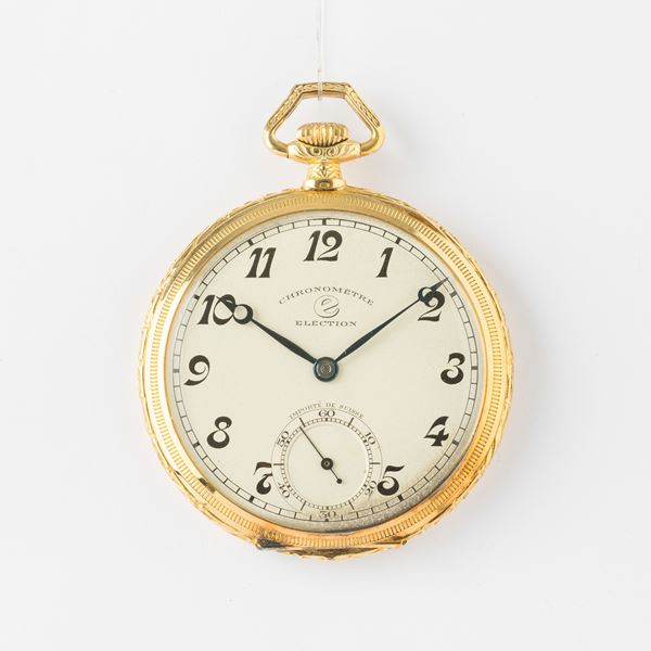 Chronometre Election, orologio da tasca, cassa in oro 18 kt, quadrante in metallo smaltato, movimento con scappamento ad ancora, gr 52, 48 mm