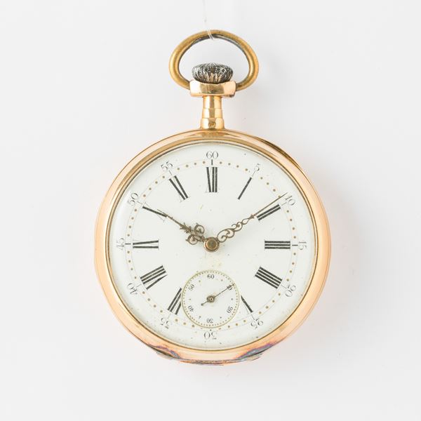 Orologio da taschino, dress watch, non firmato, cassa in oro 18 kt, quadrante in smalto bianco, 1880 circa, movimento con scappamento ad ancora, gr 72, 46 mm