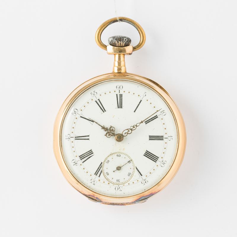Orologio da taschino, dress watch, non firmato, cassa in oro 18 kt, quadrante in smalto bianco, 1880 circa, movimento con scappamento ad ancora, gr 72, 46 mm  - Asta Pocket Watches - Cambi Casa d'Aste