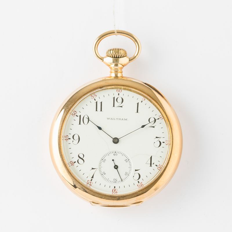 Waltham , cassa in oro 14 kt, movimento con scappamento ad ancora, 1880 circa, quadrante in smalto bianco con filature, gr 82,  47 mm  - Asta Pocket Watches - Cambi Casa d'Aste
