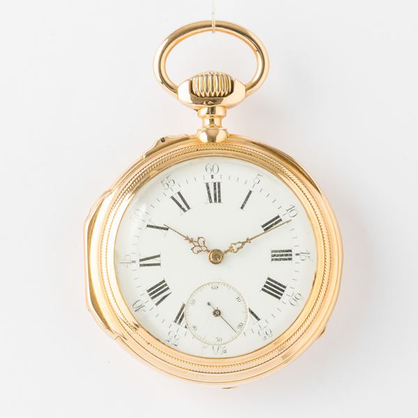 Orologio da tasca anonimo, cassa in oro 18 kt, 1890 circa, movimento con scappamento ad ancora, quadrante in smalto bianco con filature, gr 88, 45 mm