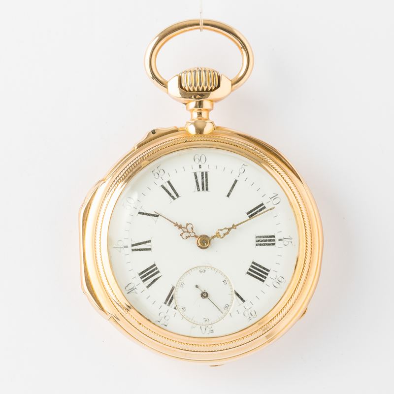 Orologio da tasca anonimo, cassa in oro 18 kt, 1890 circa, movimento con scappamento ad ancora, quadrante in smalto bianco con filature, gr 88, 45 mm  - Asta Pocket Watches - Cambi Casa d'Aste