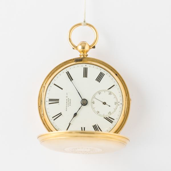 Brillman&co : orologio inglese a ribaltina, cassa a savonette in oro 18 kt, quadrante in smalto bianco, movimento con scappamento ad ancora, con bilanciere compensato, 1860 circa, gr 102, 46 mm
