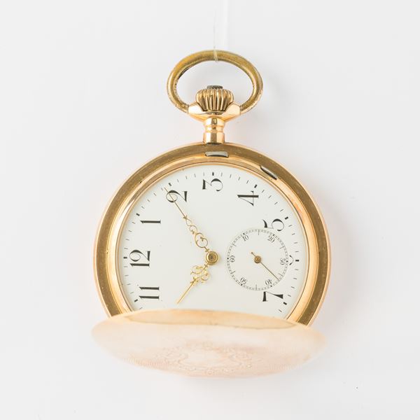 Orologio da tasca Systeme Glashütte, cassa savonette in oro 14 kt, movimento con scappamento ad ancora, quadrante in smalto bianco, 1880 circa, gr 115,  54 mm