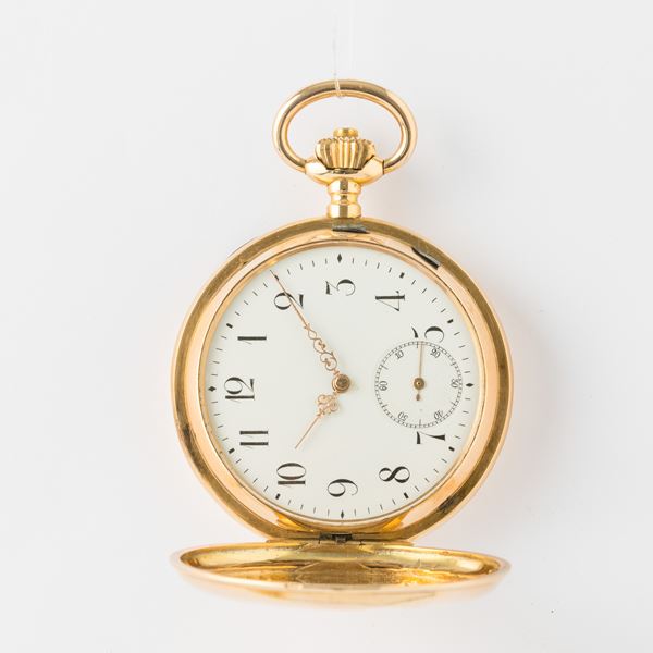 Maurice Dreyfuss, orologio svizzero Chaux de fonds, cassa savonette in oro 18 kt, movimento mezzo cronometro con scappamento ad ancora, quadrante in smalto bianco, 1880 circa, gr 102, 54 mm