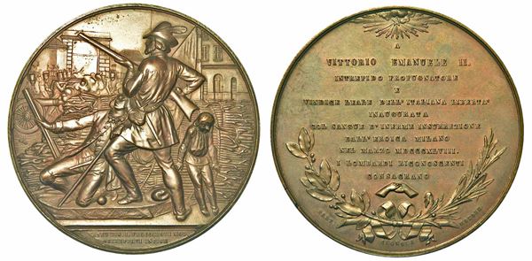 MILANO. VITTORIO EMANUELE II DI SAVOIA, 1861-1878. Medaglia in bronzo 1859. A ricordo delle Cinque Giornate di Milano del 1848 e per l'ingresso del Re a Milano.