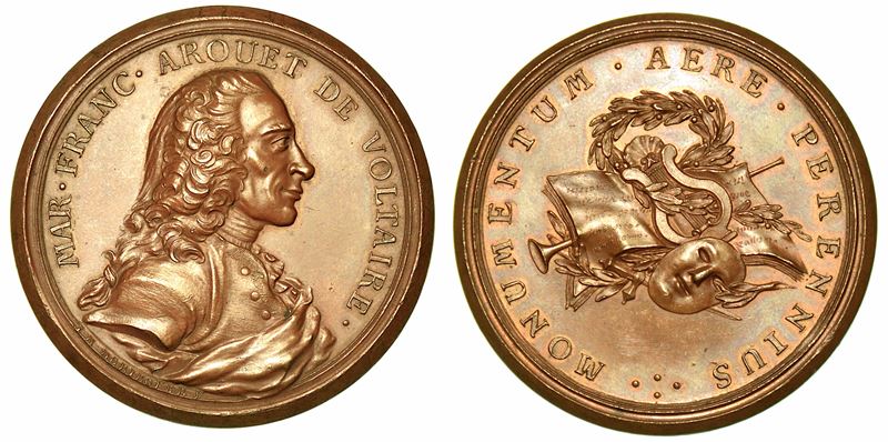 FRANCIA. FRANCOIS-MARIE AROUET DE VOLTAIRE (scrittore, storico e filosofo), 1694-1778. Medaglia in bronzo.  - Asta Numismatica - I - Cambi Casa d'Aste