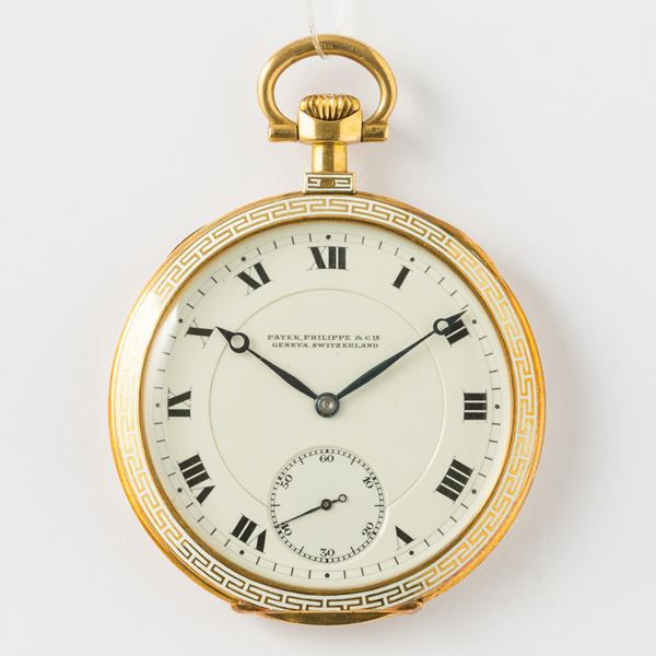 Patek Philippe, orologio da taschino, dress watch, cassa in oro 18 kt, con decorazioni smaltate  su  [..]