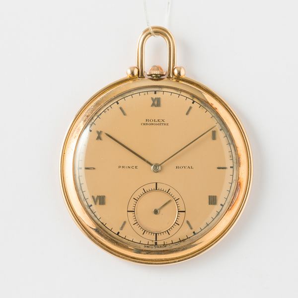 Rolex Prince Royal, orologio da  taschino, dress watch, cassa in oro 14 kt, quadrante in metallo smaltato con numeri applicati, movimento con scappamento ad ancora, gr 46, 47 mm