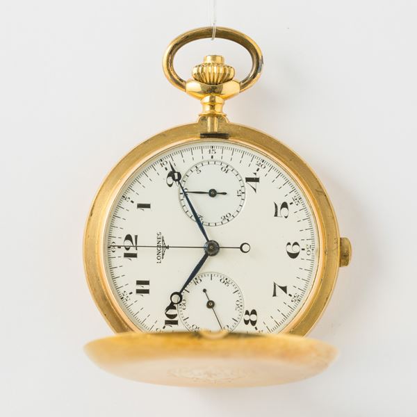 Cronografo Longines, 1910-1920, cassa a savonette in oro 18 kt, cronometro a pulsante, movimento con  [..]