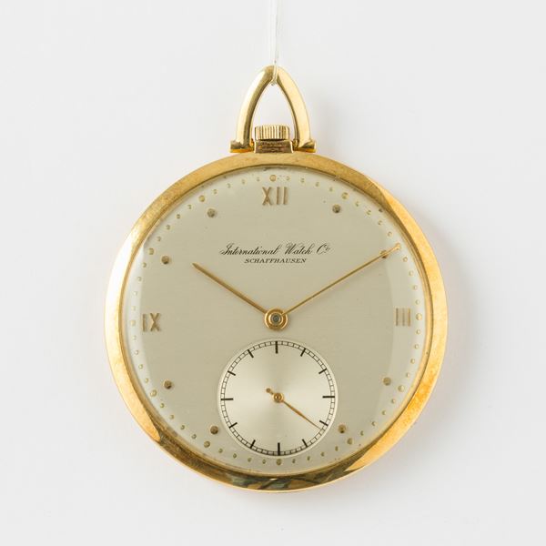 International Watch Co, orologio da  taschino, dress watch, cassa in oro giallo 18 kt, movimento con scappamento ad ancora,1935 circa, quadrante in metallo smaltato, con scatola e garanzia, gr 51, 43 mm