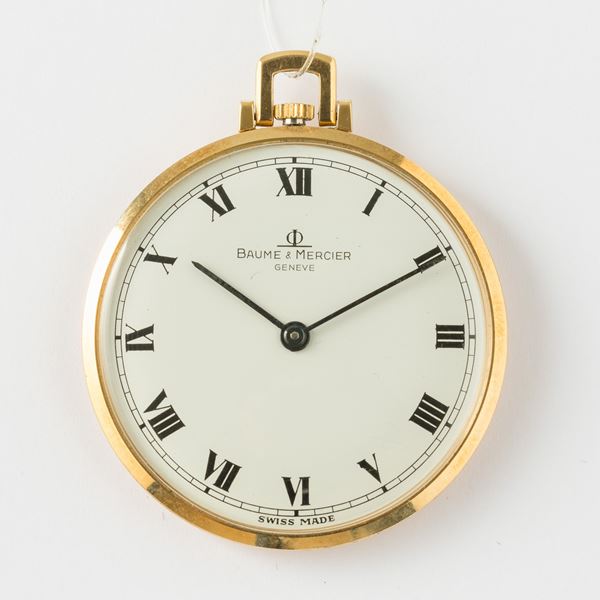 Baume Mercier, orologio da taschino dress watch, cassa in oro,  1970 circa, movimento con scappamento ad ancora, quadrante in metallo smaltato, gr 26, 35 mm