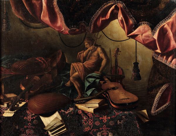 Scuola bergamasca del XVII secolo Natura morta con strumenti musicali, drappi e scultura di Nettuno