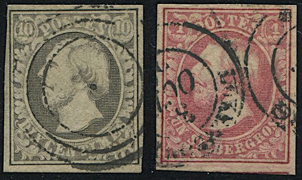 1852, Lussemburgo, Guglielmo III 10 cent. grigio-nero e 1 scellino bruno-rosso